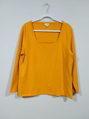 J Crew Top XL Orange Square Neck Long Sleeve Cotton Stretch Blouse